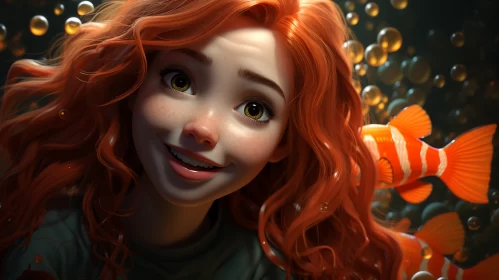 Enchanting Red-Haired Girl with Fish in Bubbles Illustration AI Image