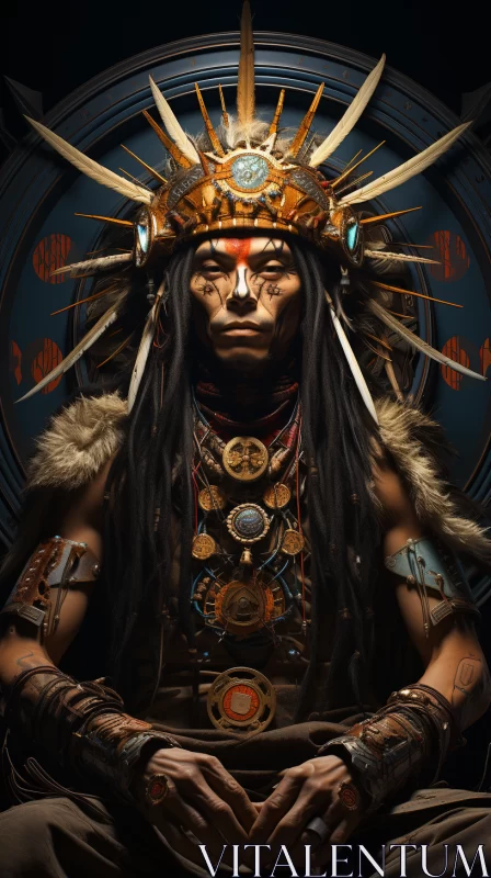 Indigenous Leader in Surreal Fashion - A Blend of Aztec Culture and Manga AI Image