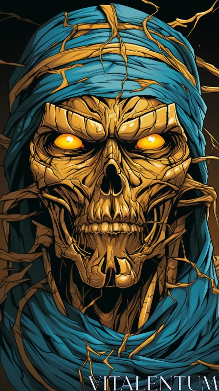 Mysterious Skull with Yellow Eyes in Dark Gold and Blue Hues AI Image