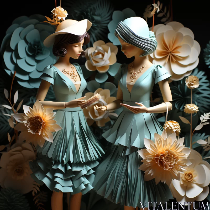 Elegant Paper Dolls in Flower Arrangements AI Image