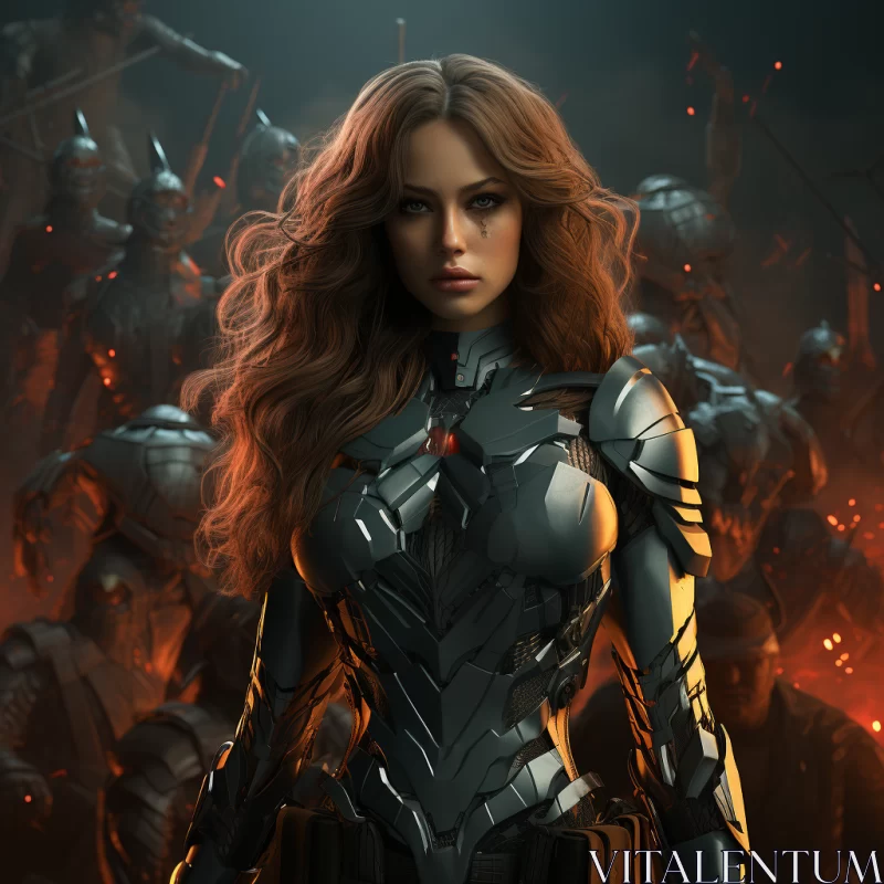 Young Female Warrior in Dark Silver Armor AI Image