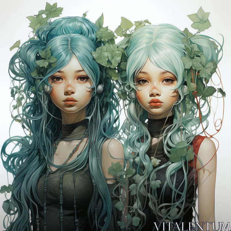 Anime Girls with Green Ivy Hair: A Blend of Realism and Surrealism AI Image
