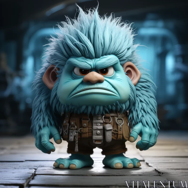 Blue Troll Character with Long Hair in Dark Tunnel AI Image