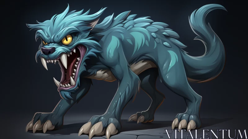 Dark Cyan Comical Beast with Angry Expression in Game Art Style AI Image