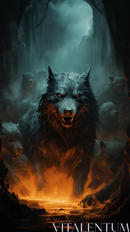 Dark Fantasy Art: Aggressive Wolf in Flames AI Image