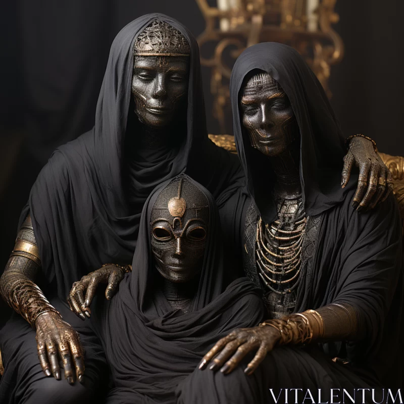 Powerful Portraits: Obsidian Figures with Masks on Golden Throne AI Image