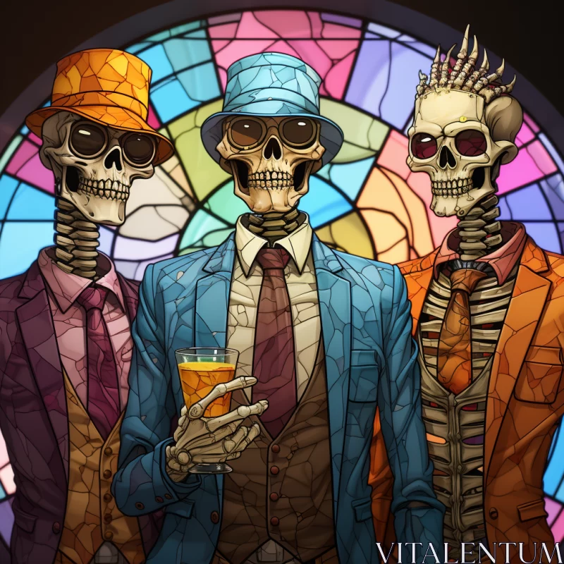 Skeletons Celebrating with Beers Near Stained Glass AI Image
