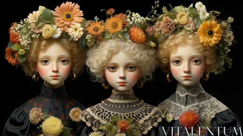 AI ART Charming Trio of Dolls with Flower Crowns - An Artistic Masterpiece
