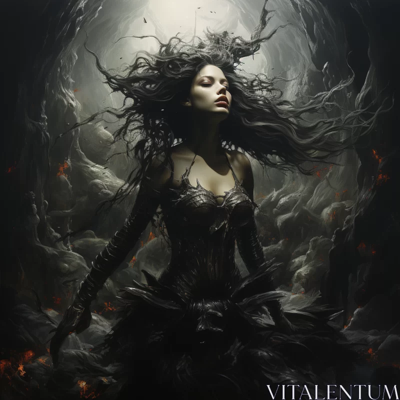 AI ART Enigmatic Witch in a Dark Cave - Monochromatic Fantasy Art