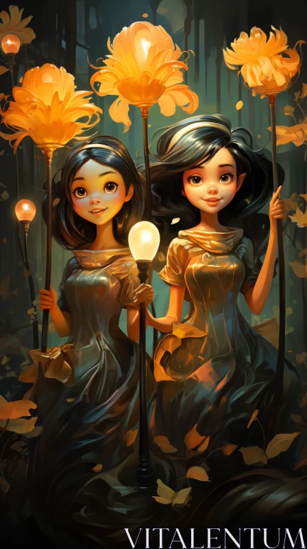 Women with Golden Lanterns in Forest - A Khmer Art Influence AI Image
