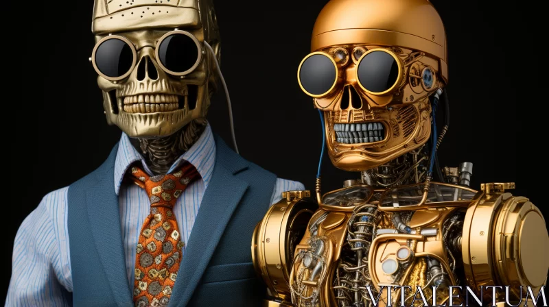 AI ART Macabre Robotic Portraiture with Skull Motifs and Gold Glasses