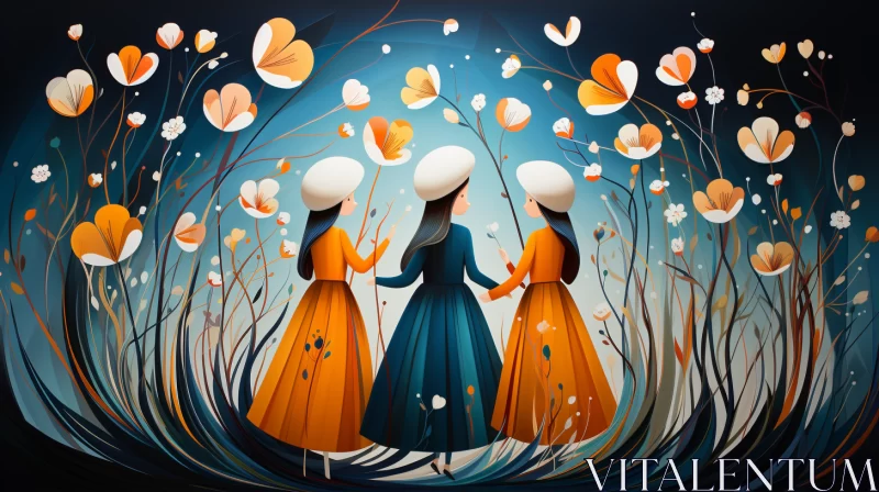 Enchanting Night Scene with Women in Orange Dresses AI Image