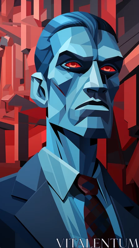 Gothic Cityscape: Man in Blue Suit with Red Eyes AI Image