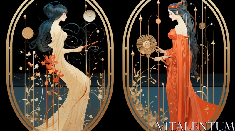 AI ART Art Nouveau-Inspired Women in Nature, Futuristic Fantasy