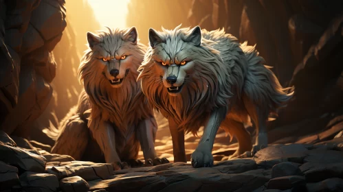 Mysterious Wolves in Cave: An Artistic Illustration AI Image