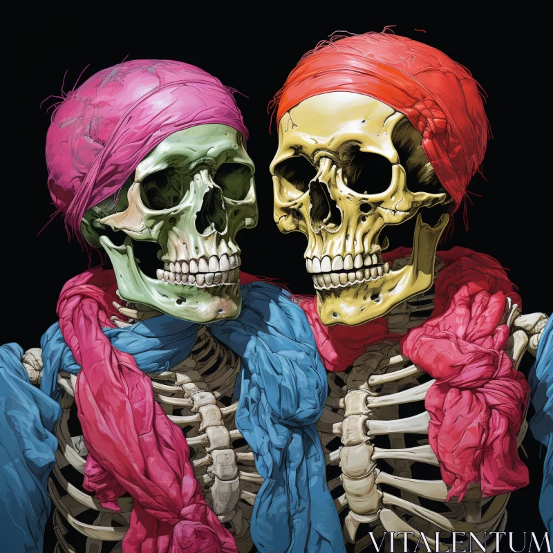 Skeletons in Colorful Scarves: A Surrealistic Portrayal AI Image