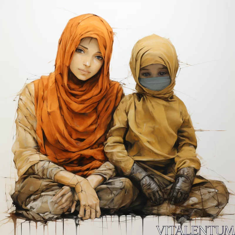 Innocence and Simplicity: Artwork of Two Girls in Hijabs AI Image