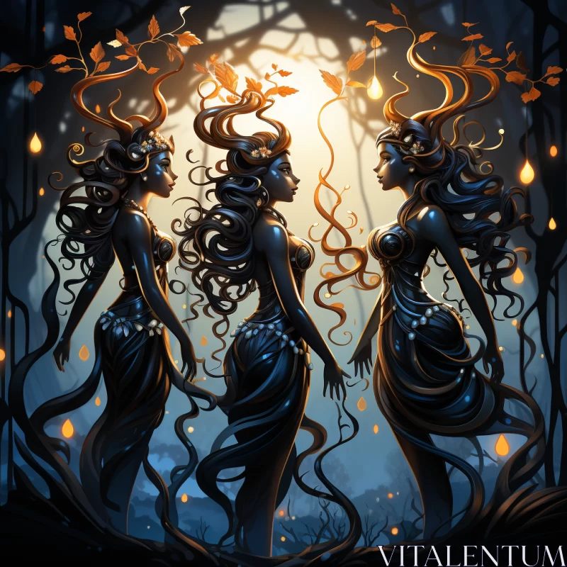 Mysterious Trio of Female Deities in Woodland AI Image