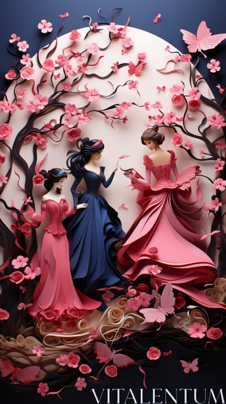 Surreal Papercraft Art: Three Women Amidst Cherry Blossoms AI Image