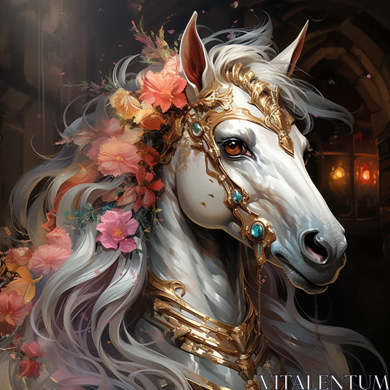 Fantasy Inspired White Horse with Floral Mane AI Image