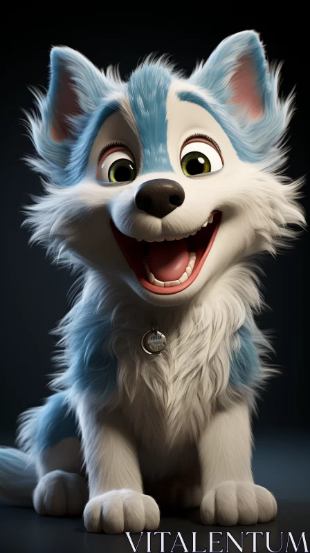 Joyful Blue and White Cartoon Husky Dog Sitting on Dark Background AI Image