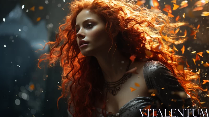 Enchanting Woman with Red Hair in a Medieval Woodland Setting AI Image