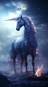 Luminous Unicorn Amidst Fireworks - A Dreamlike Scene AI Image