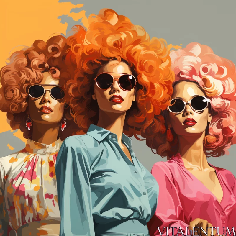 Retro Style Portrait of Three Women with Colourful Afro Hair AI Image