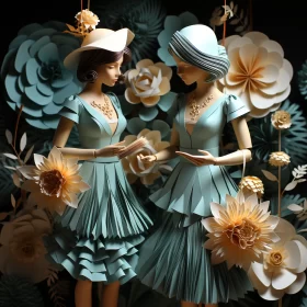 Elegant Paper Dolls in Flower Arrangements AI Image