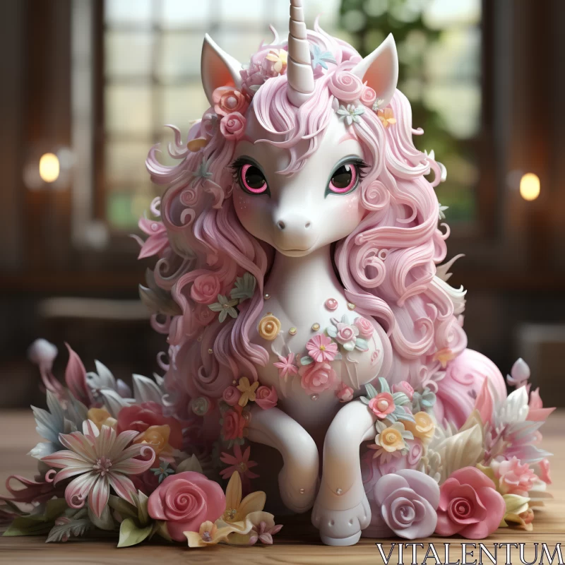 AI ART Charming Unicorn Figurine Amidst Floral Delight