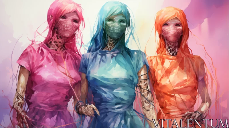Colorful Zombie Woman Portraits with Ritualistic Masks AI Image