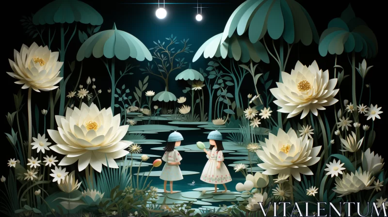 Enchanting Night Scene with Flowers and Lanterns AI Image