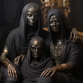 Powerful Portraits: Obsidian Figures with Masks on Golden Throne