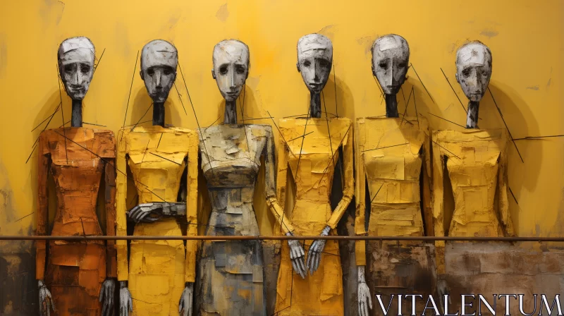 Seven Women in Yellow Dresses: A Bronze and Gold Artwork AI Image