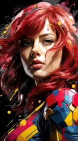 Mosaic-Inspired Realism of Red-Haired Comic Character AI Image