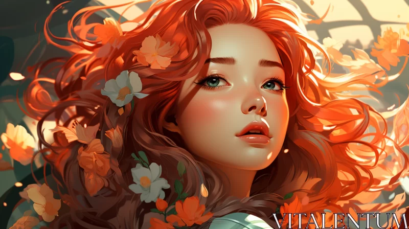 Anime Girl with Red Hair Amidst Floral Garden - Art Contest Winner AI Image