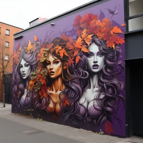 Enigmatic Mural of Women Amidst Leafy Vines AI Image