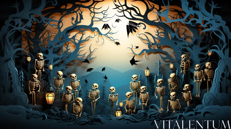 Captivating Halloween Scene: Skeletons in a Forest AI Image