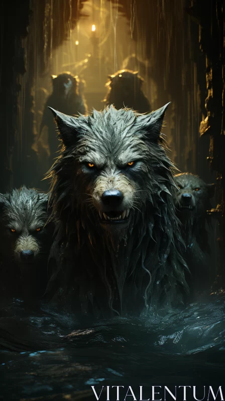 Dark Fantasy: Four Underwater Wolves in Sharp Focus AI Image