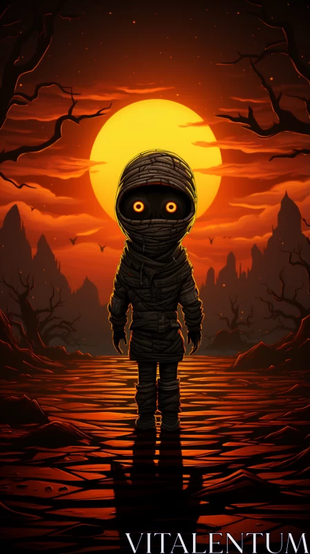 Mysterious Mummy in Orange and Bronze Swamp at Night AI Image