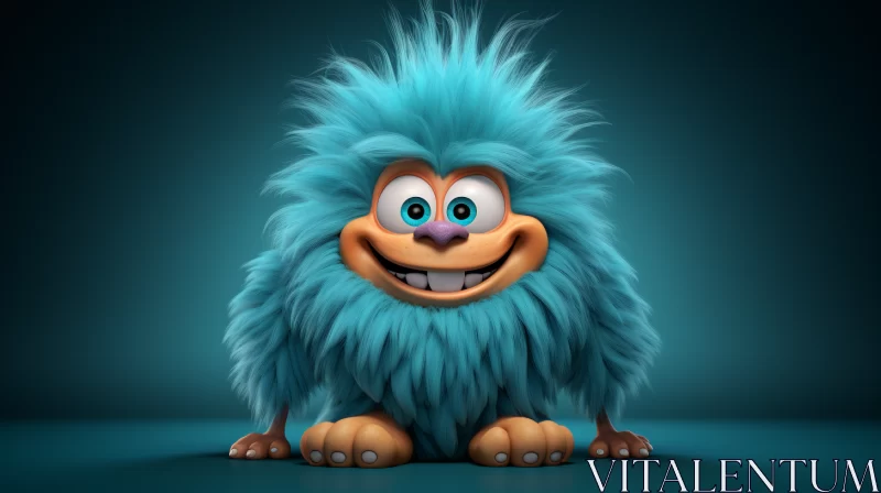 Blue Cartoon Monster with Textured Fur on Dark Background AI Image