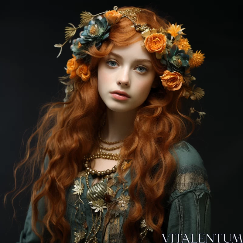 Medieval Inspired Portrait of Red-Haired Girl with Floral Crown AI Image