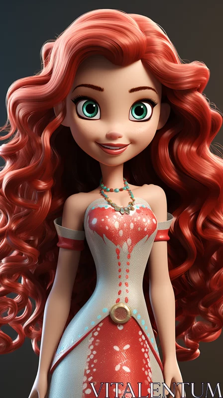 Enchanting Cartoon Princess with Long Red Hair AI Image