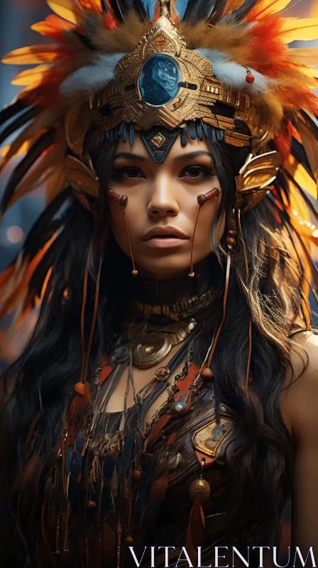 Enchanting Native Woman in Feathered Headdress AI Image