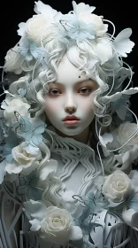 Intricate White Doll Amidst Flowers - Detailed Fantasies AI Image
