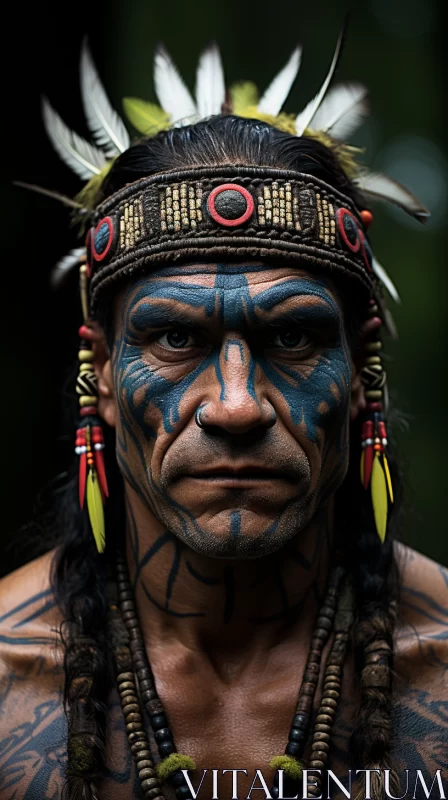 Captivating Native American Man in Traditional Attire Amidst Jungle AI Image