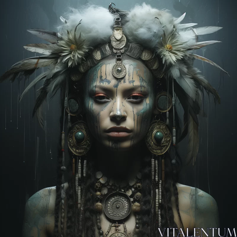 Native Woman with Feathers and Totems - Traditional Art AI Image