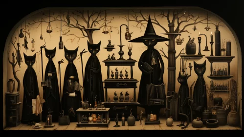 Mysterious Witch's Shop with Whimsical Cats and Curious Items AI Image