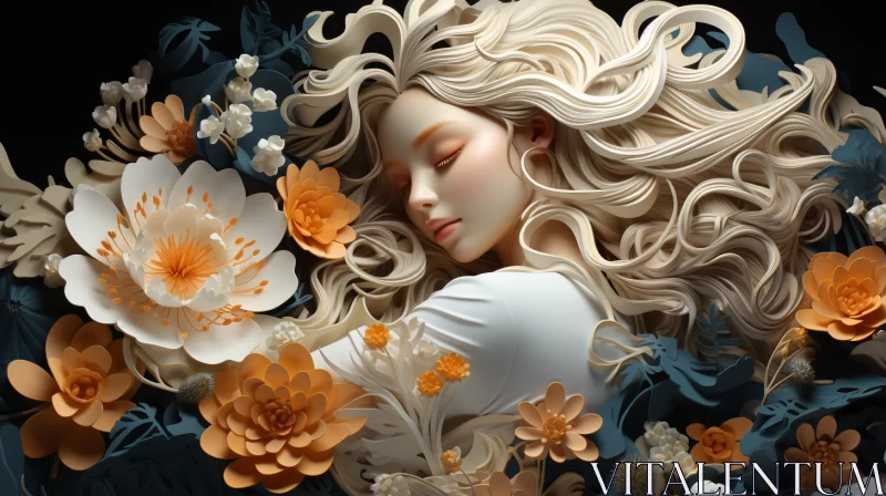 3D Art of Sleeping Female Surrounded by Flowers AI Image