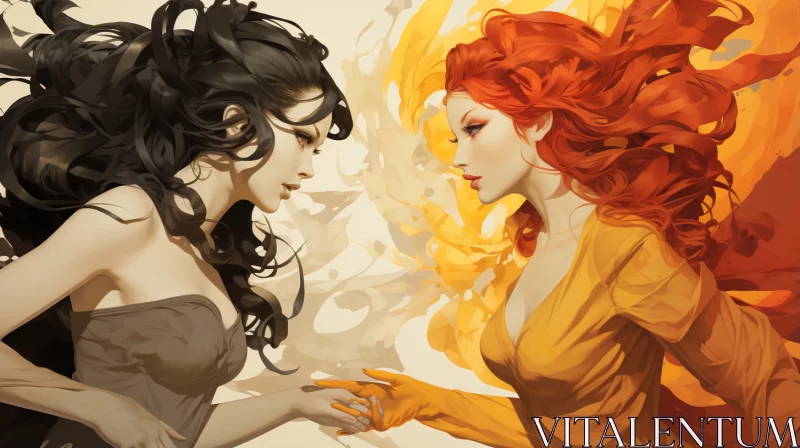 Enigmatic Fantasy Illustration: Two Women in Flame AI Image
